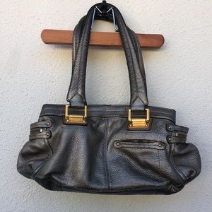 B. Makowsky silver metallic leather handbag with gold hardware
